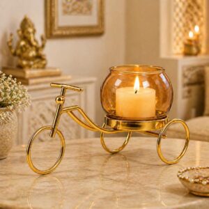 CentraLit Decorative Metal Tricycle Candle Holder with Glass Bowl | Gold Tea Light Holder Stand, Vase for Home Decor, Decorative Plant Pot for Living Room, Aesthetic Home Decor Item & Return Gift