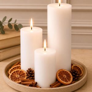 Homesake® Pillar Candles Set of 3, Width 2" High 2" 4" 6" Large Paraffin Soy Wax Pillar Candles Aesthetic Modern Home Decor for Bathroom Living Room Diwali Gifts (White)
